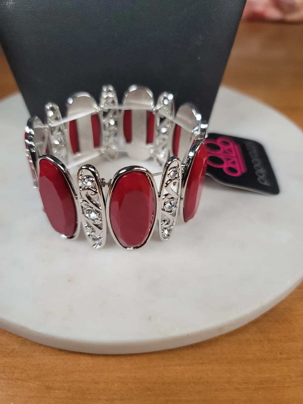 paparazzi Dark Red Oval Stone Silver Filigree Stretch Bracelet